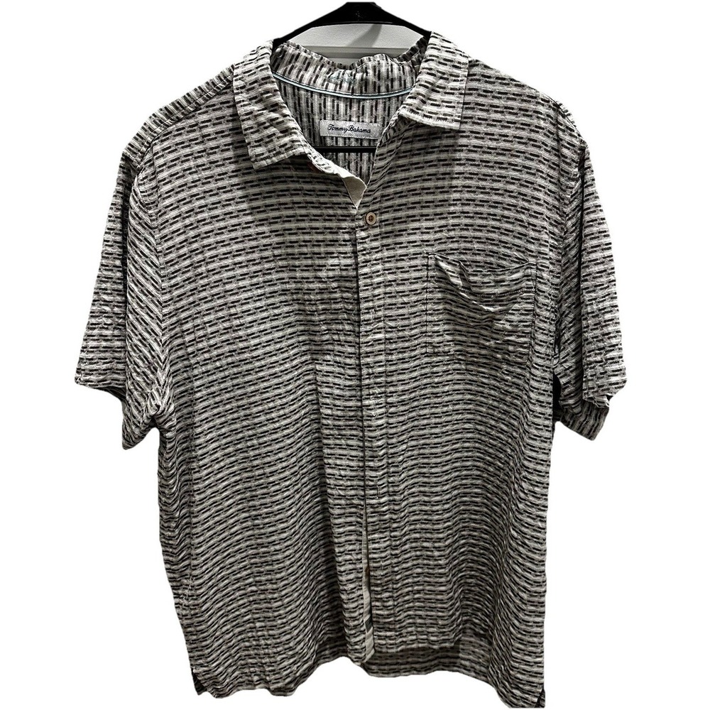 Tommy Bahama Mens‎ XL Silk Short Sleeve Button Down Shirt Striped Grey Black
